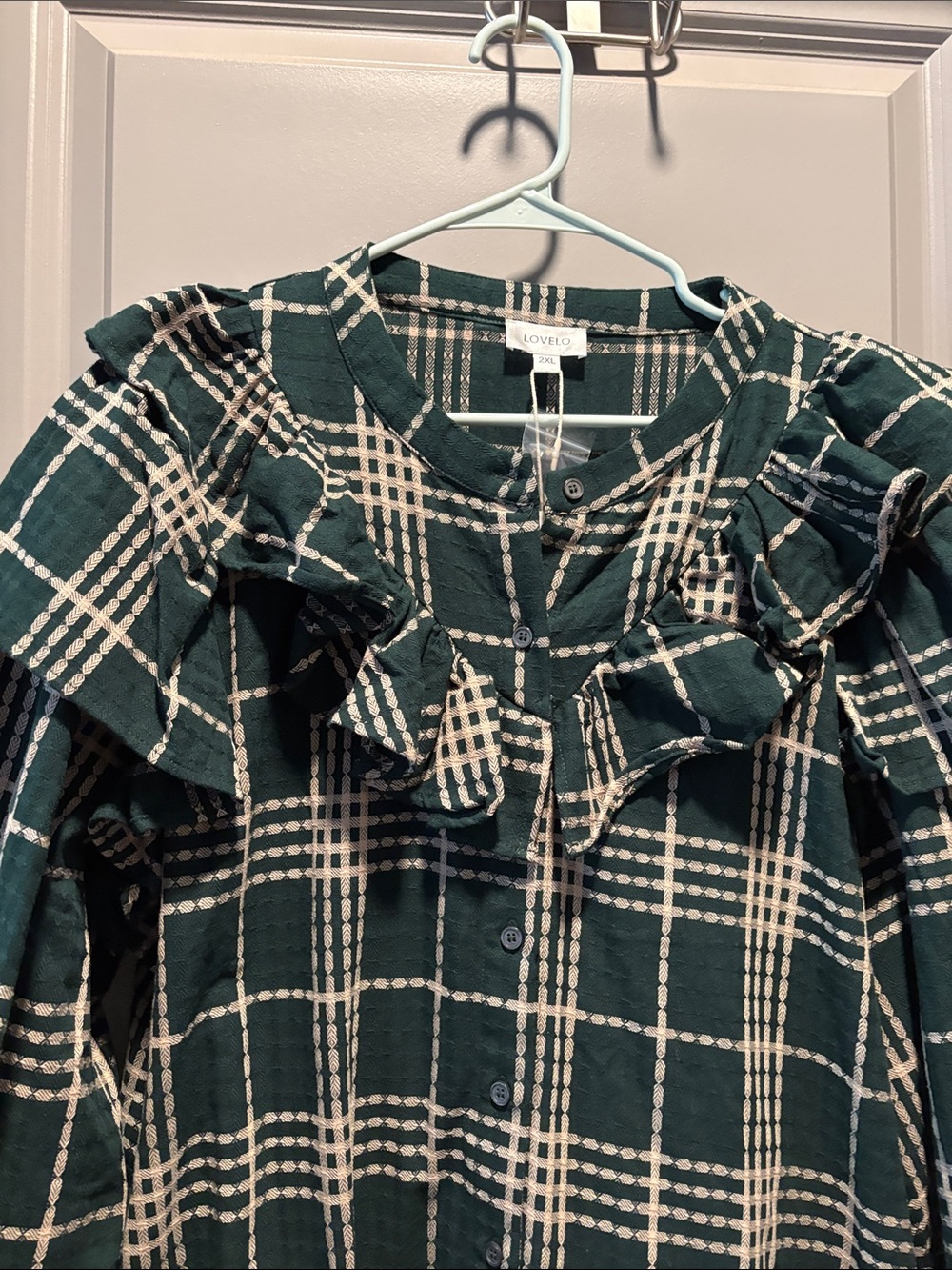 GeeGee x Lovelo Plaid Ruffle Shirt Mini Dress 2X Green Cream Cotton NWT - Picture 4 of 11
